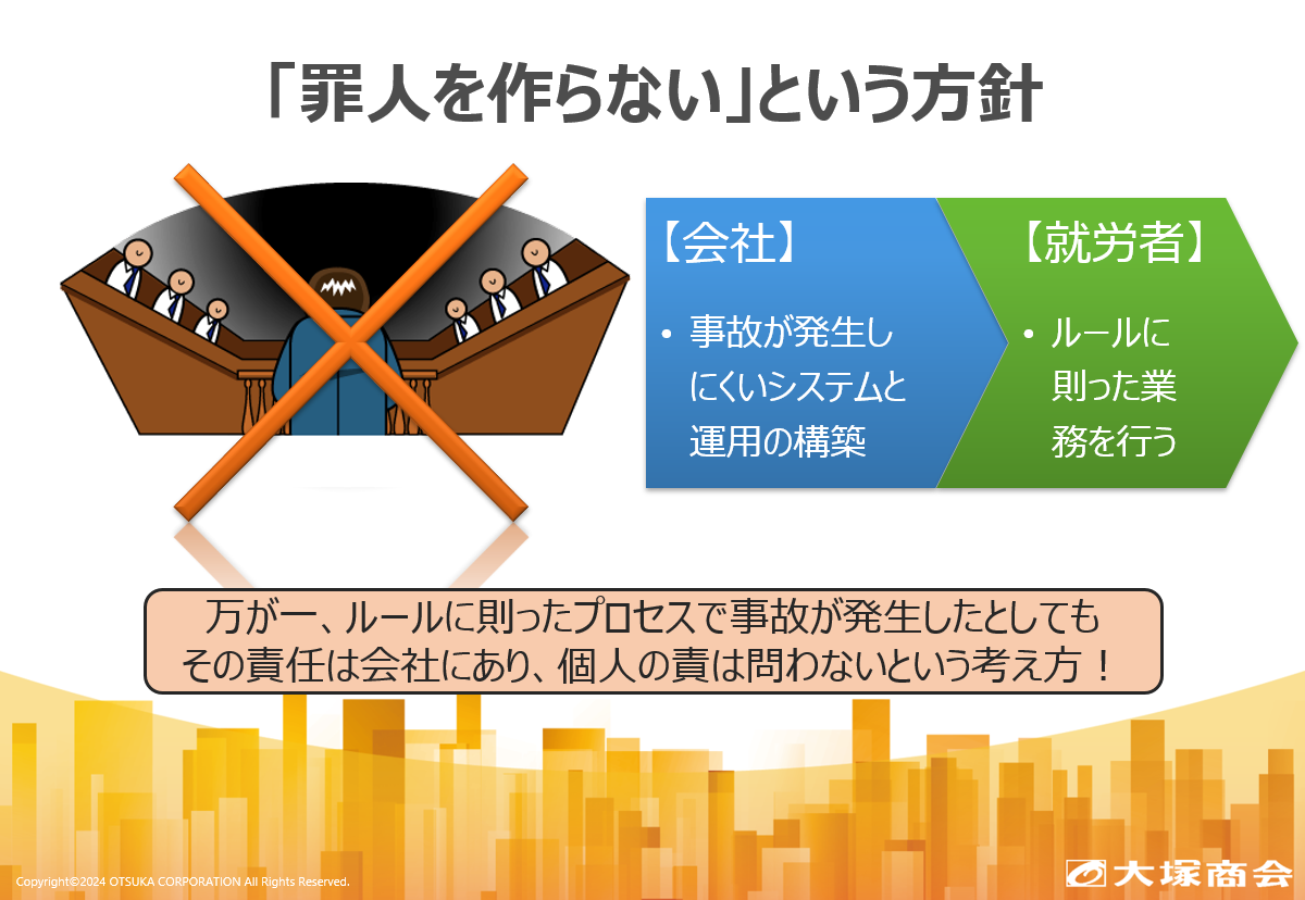 「罪人を作らない」という方針 【会社】・事故が発生しにくいシステムと運用の構築 【就労者】・ルールに則った業務を行う 万が一、ルールに則ったプロセスで事故が発生したとしてもその責任は会社にあり、個人の責は問わないという考え方!