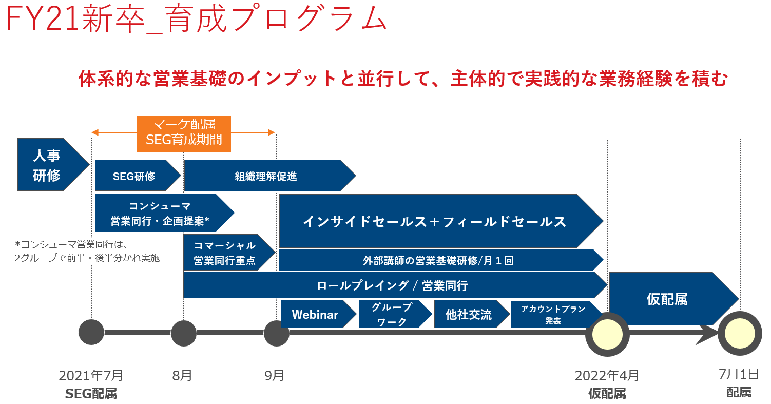 FY21新卒_育成プログラム 体系的な営業基礎のインプットと並行して、主体的で実践的な業務経験を積む 2021年7月SEG配属から2022年7月配属までのチャート画像